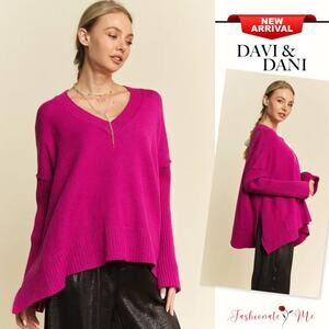 Davi & Dani Ribbed Side Slit V-Neck Long Sleeves Oversized Sweater | Cerise